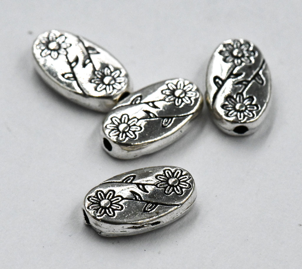Antique Silver Oval with Flower Tibetan Style Alloy Beads, 100pc