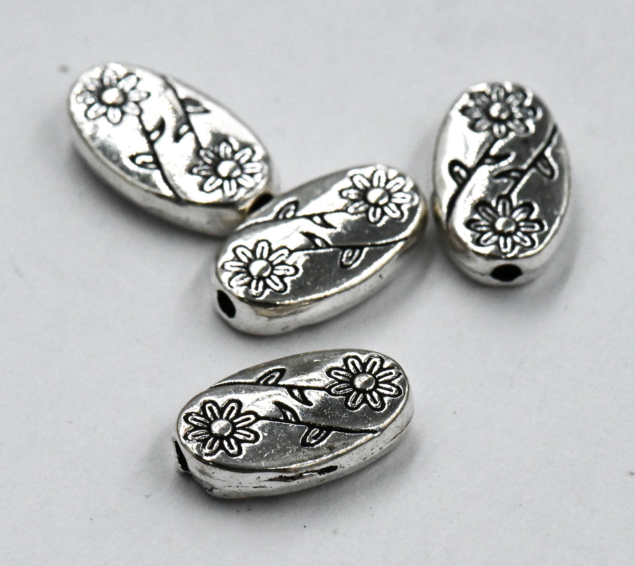 Antique Silver Oval with Flower Tibetan Style Alloy Beads, 100pc