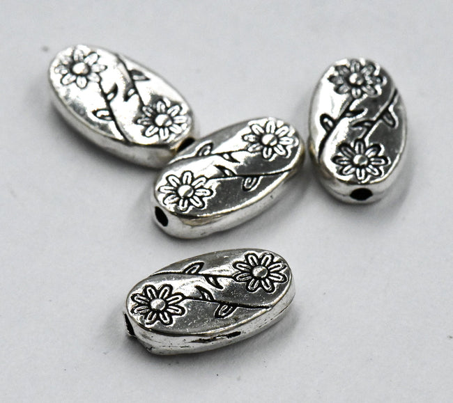 Antique Silver Oval with Flower Tibetan Style Alloy Beads, 100pc Main Image