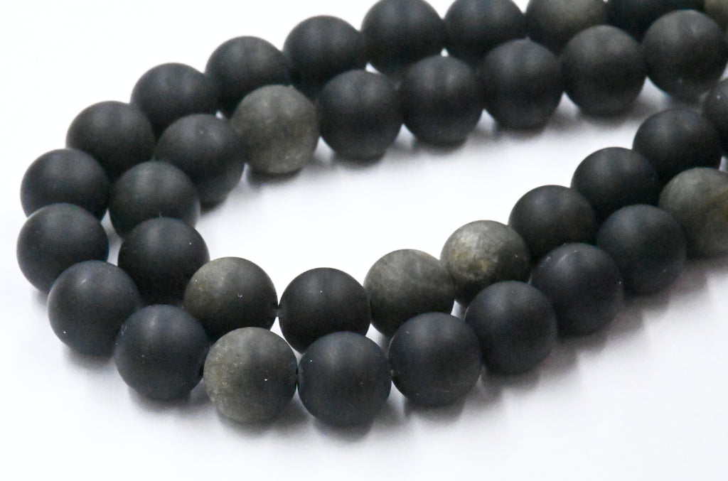 Frosted Natural Golden Sheen Obsidian Round Bead Strands, 8mm