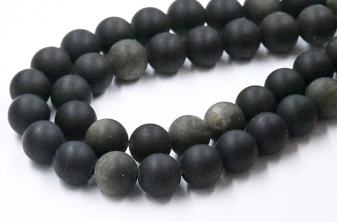 Frosted Natural Golden Sheen Obsidian Round Bead Strands, 6mm