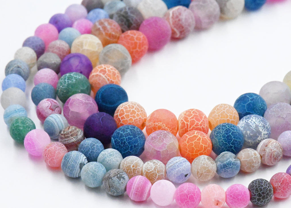 Frosted Natural Agate Beads Strands, Round, Dyed & Heated, Mixed Color, 6mm, 8mm, 10mm