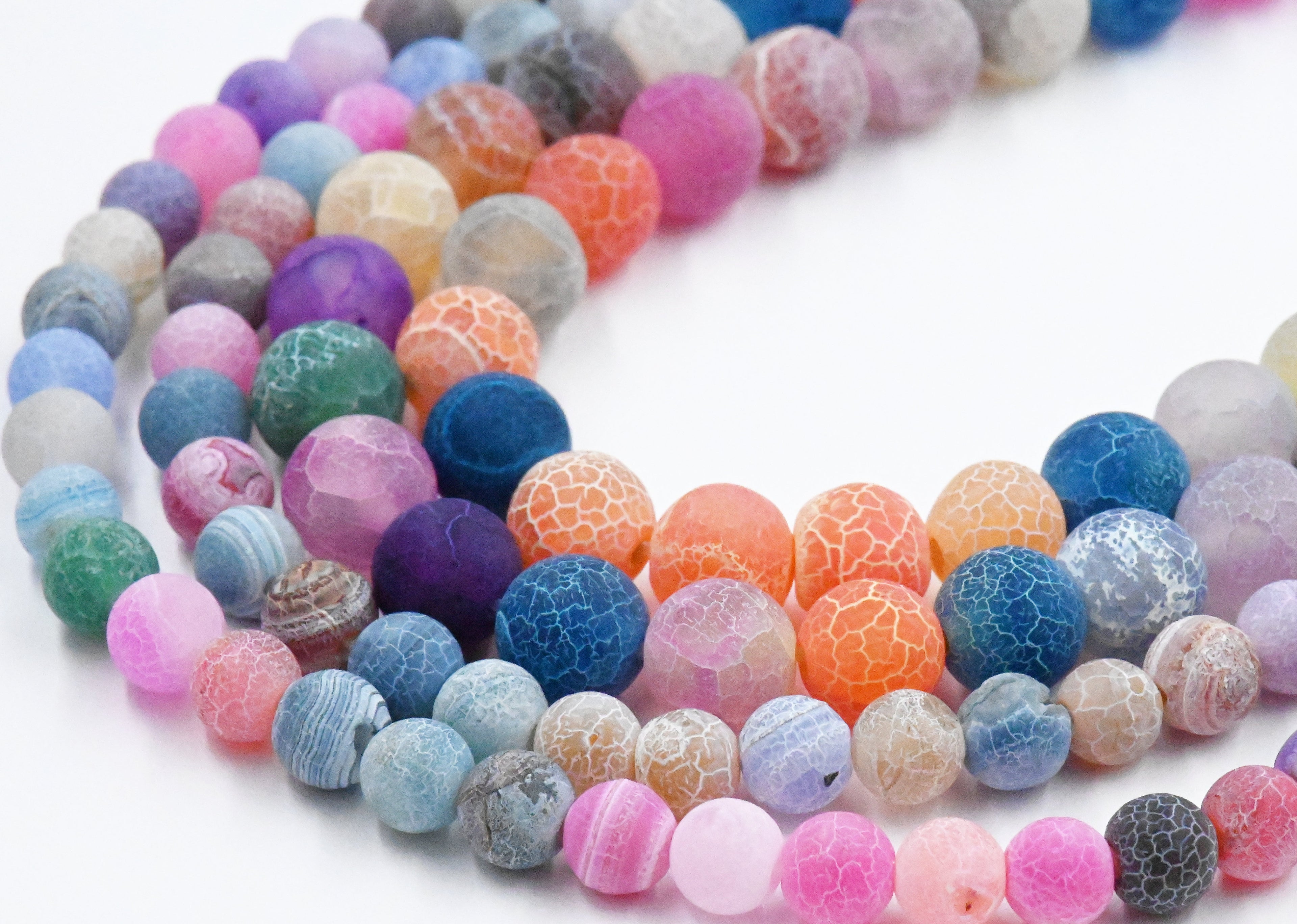 Frosted Natural Agate Beads Strands, Round, Dyed & Heated, Mixed Color, 6mm, 8mm, 10mm
