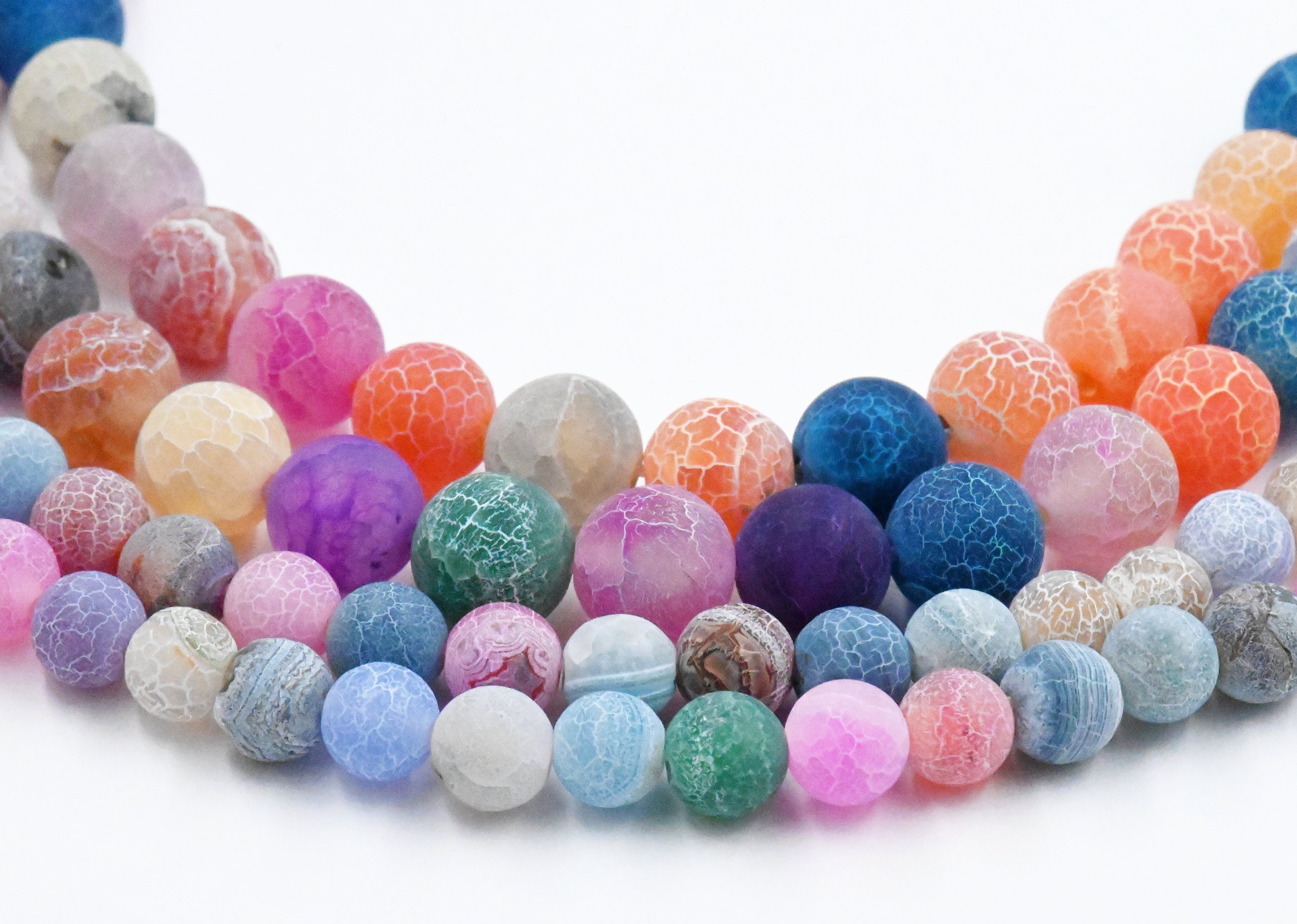 Frosted Natural Agate Beads Strands, Round, Dyed & Heated, Mixed Color, 6mm, 8mm, 10mm