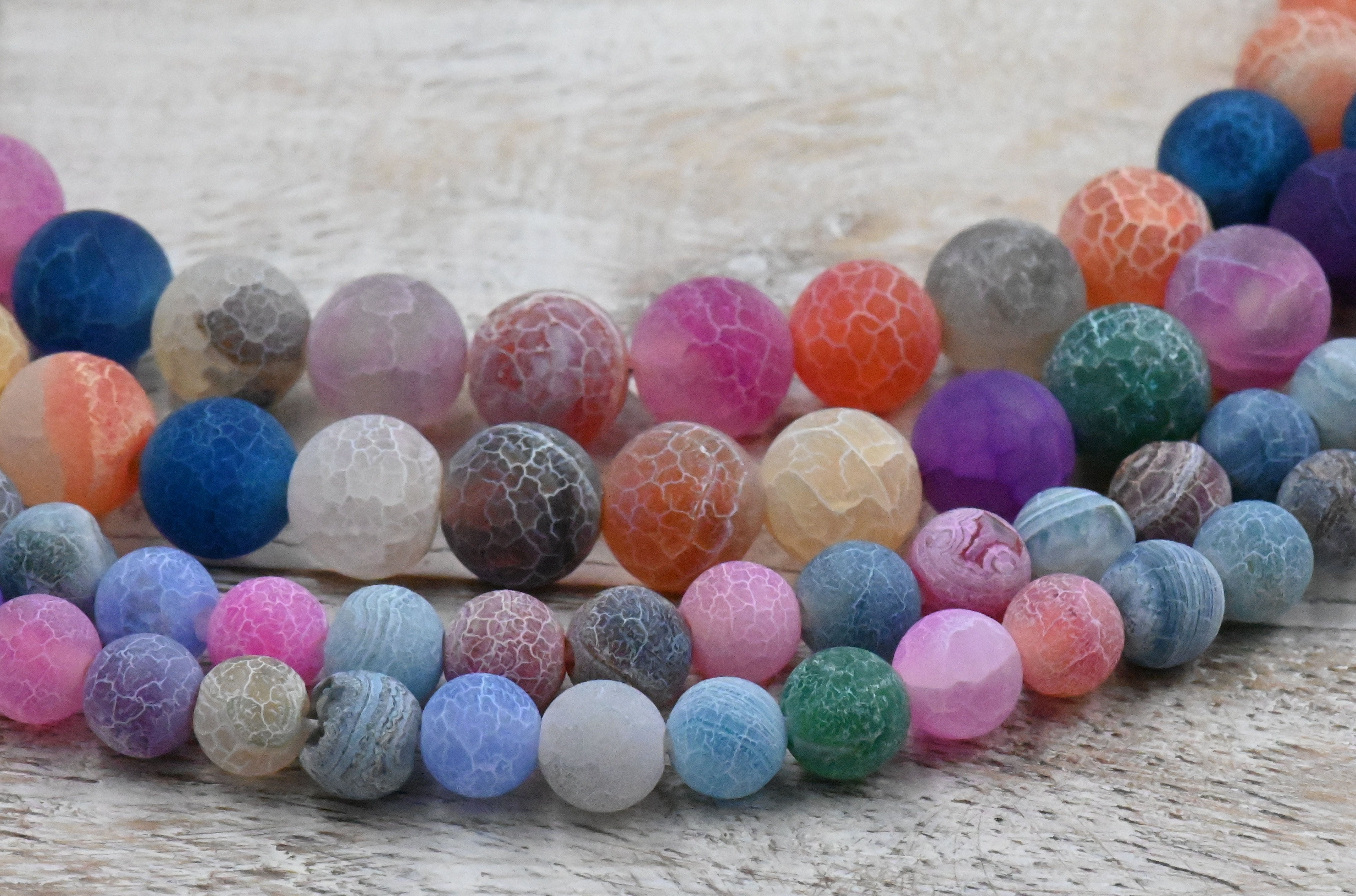 TWO STRANDS Frosted Natural Agate Beads Strands, Round, Dyed & Heated, Mixed Color, 6mm, 8mm, 10mm
