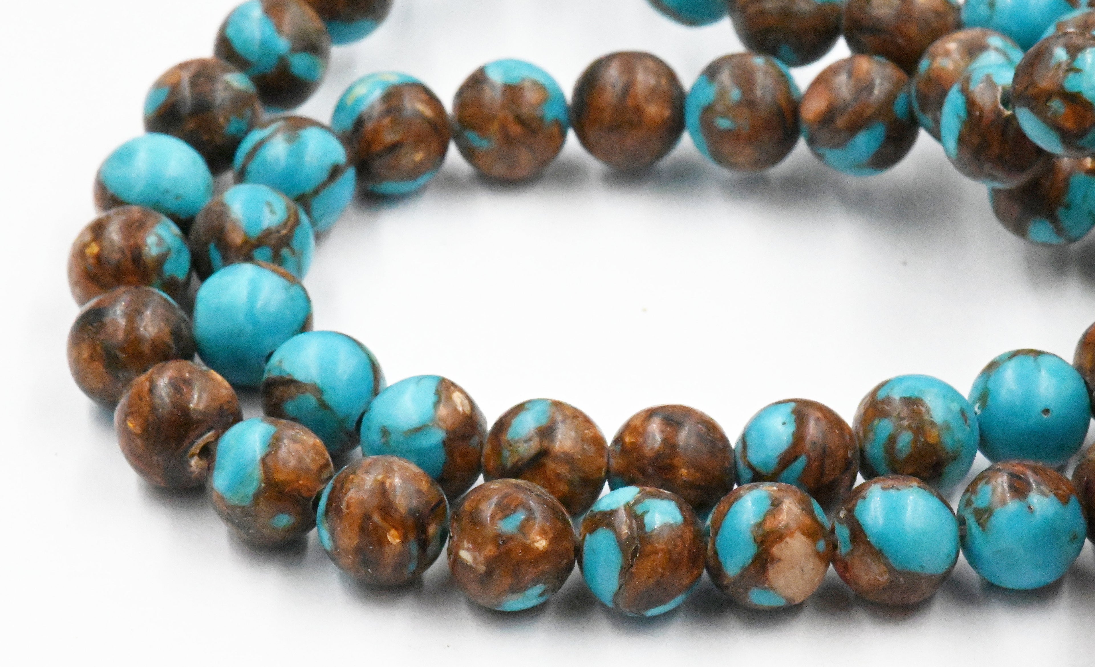 8mm Copper Bronzite and Turquoise Round Beads  -9.5