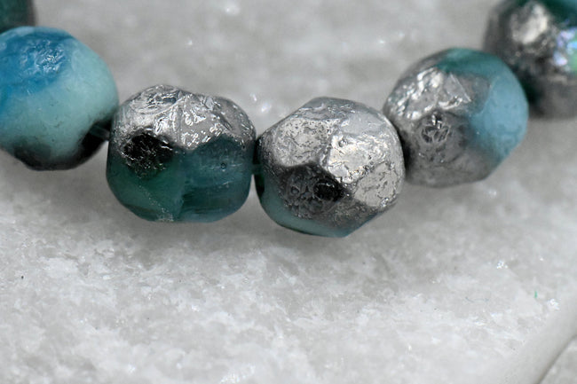 6mm Silver Etched Blue Czech Beads Faceted  -25 Hover Image