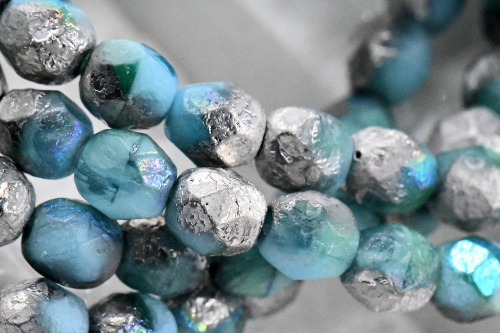 6mm Silver Etched Blue Czech Beads Faceted  -25
