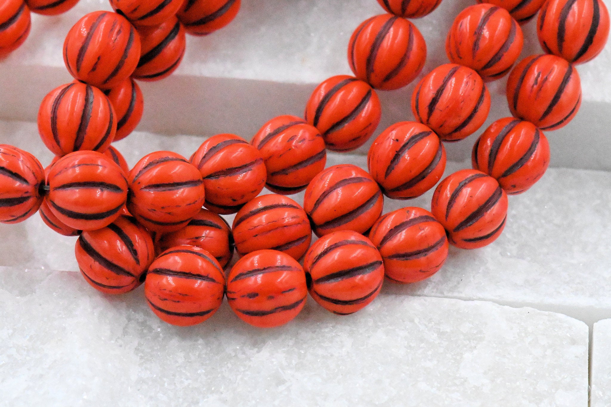 8mm Czech Coral Brown Glaze Opaque Melon Rounds -20pc