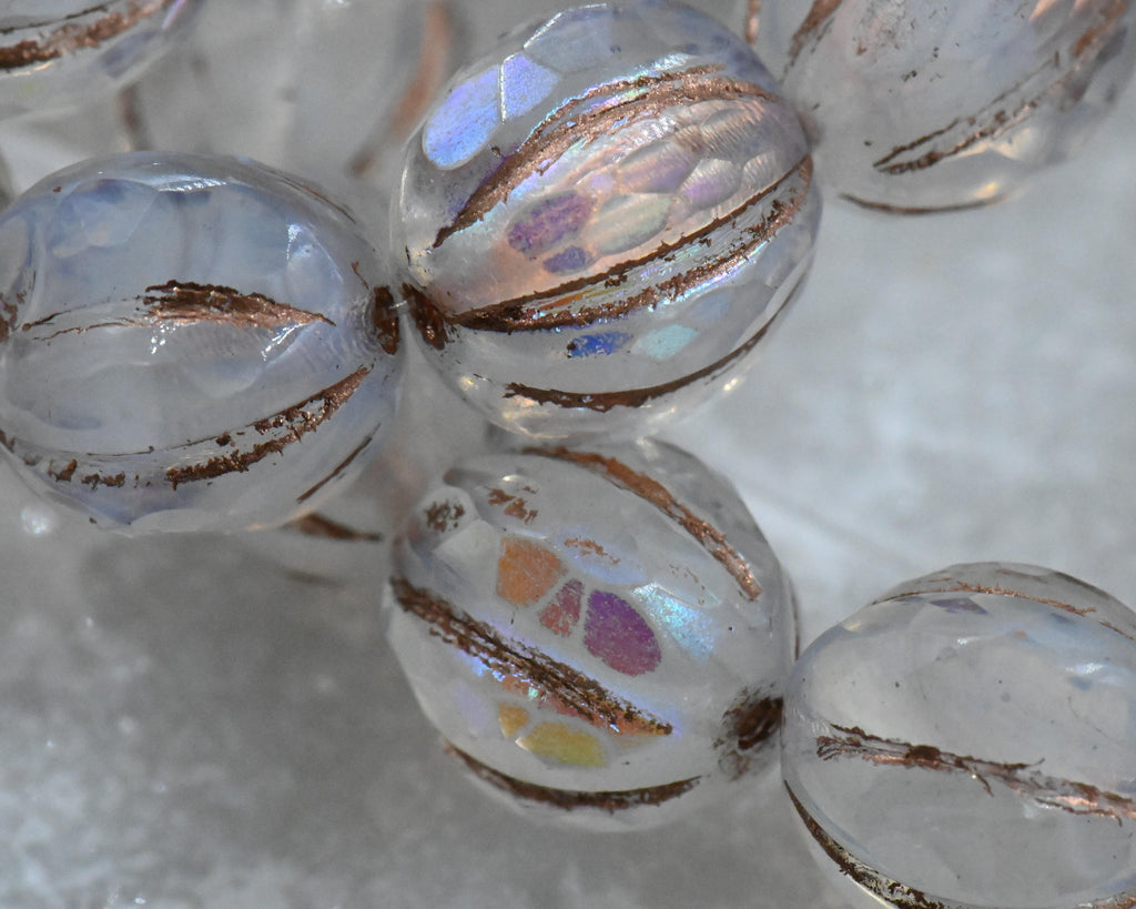 Czech Glass Faceted Melon AB Opal Copper Finish