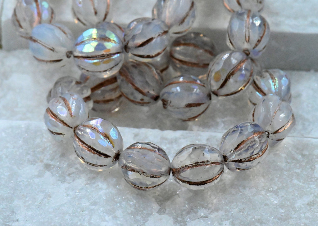 Czech Glass Faceted Melon AB Opal Copper Finish