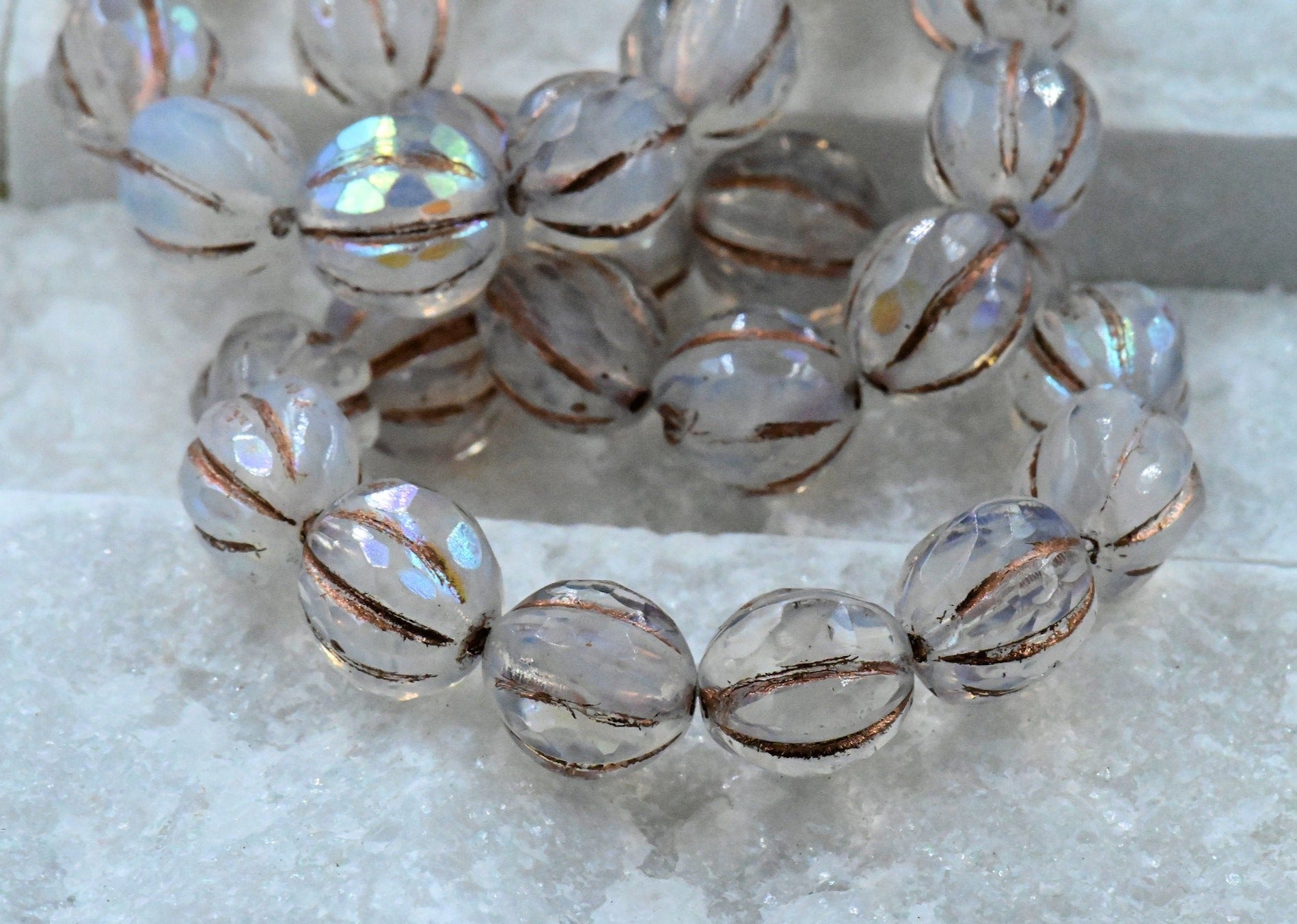 Czech Glass Faceted Melon AB Opal Copper Finish