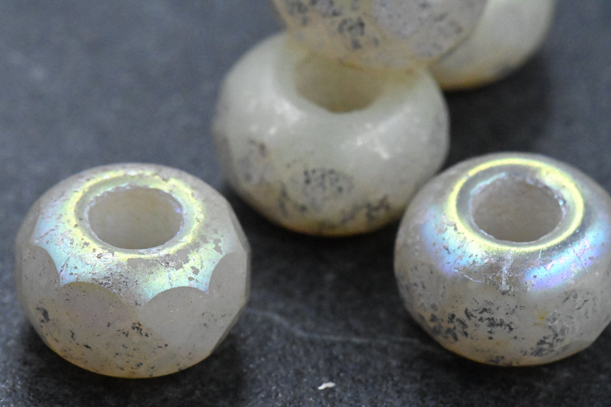 8x12mm Large Hole Ivory Czech Glass Faceted Rondelle Opal Golden Mercury Finish
