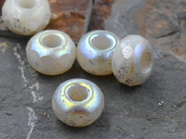 8x12mm Large Hole Ivory Czech Glass Faceted Rondelle Opal Golden Mercury Finish Hover Image