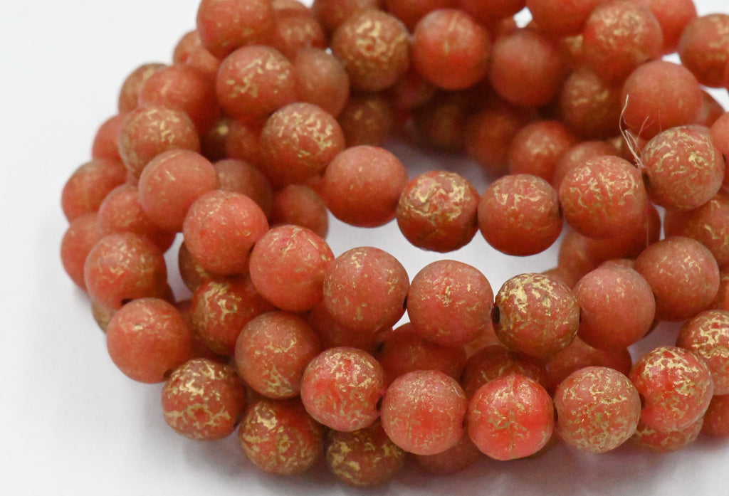 8mm Round Druk Autumn Red with an Etched Finish Gold Wash