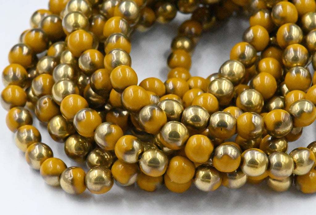 6mm Round 30pc Mustard Yellow with Gold Finish