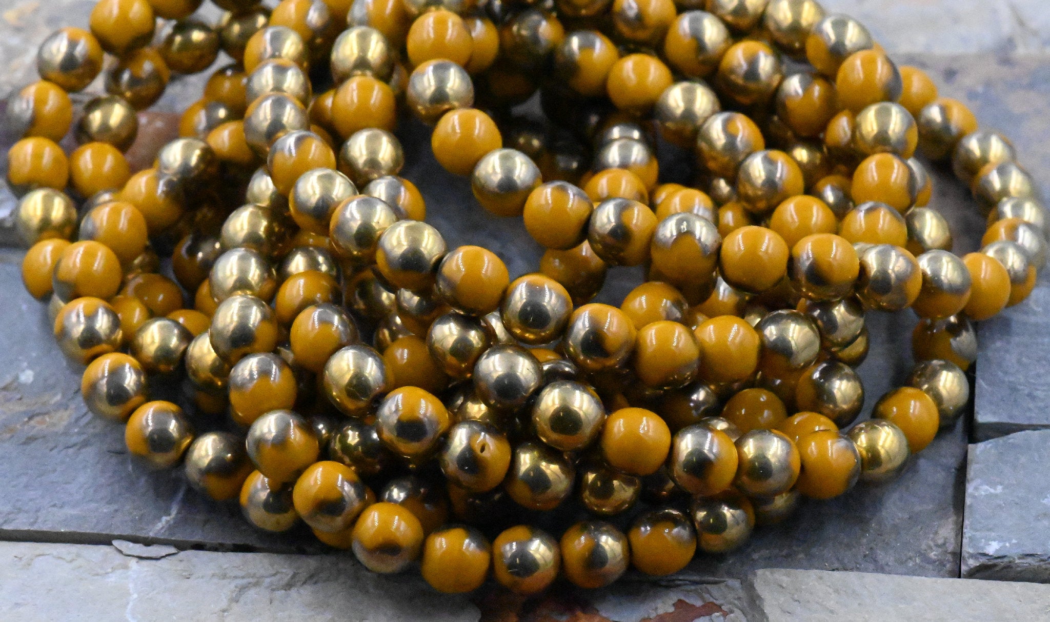 6mm Round 30pc Mustard Yellow with Gold Finish
