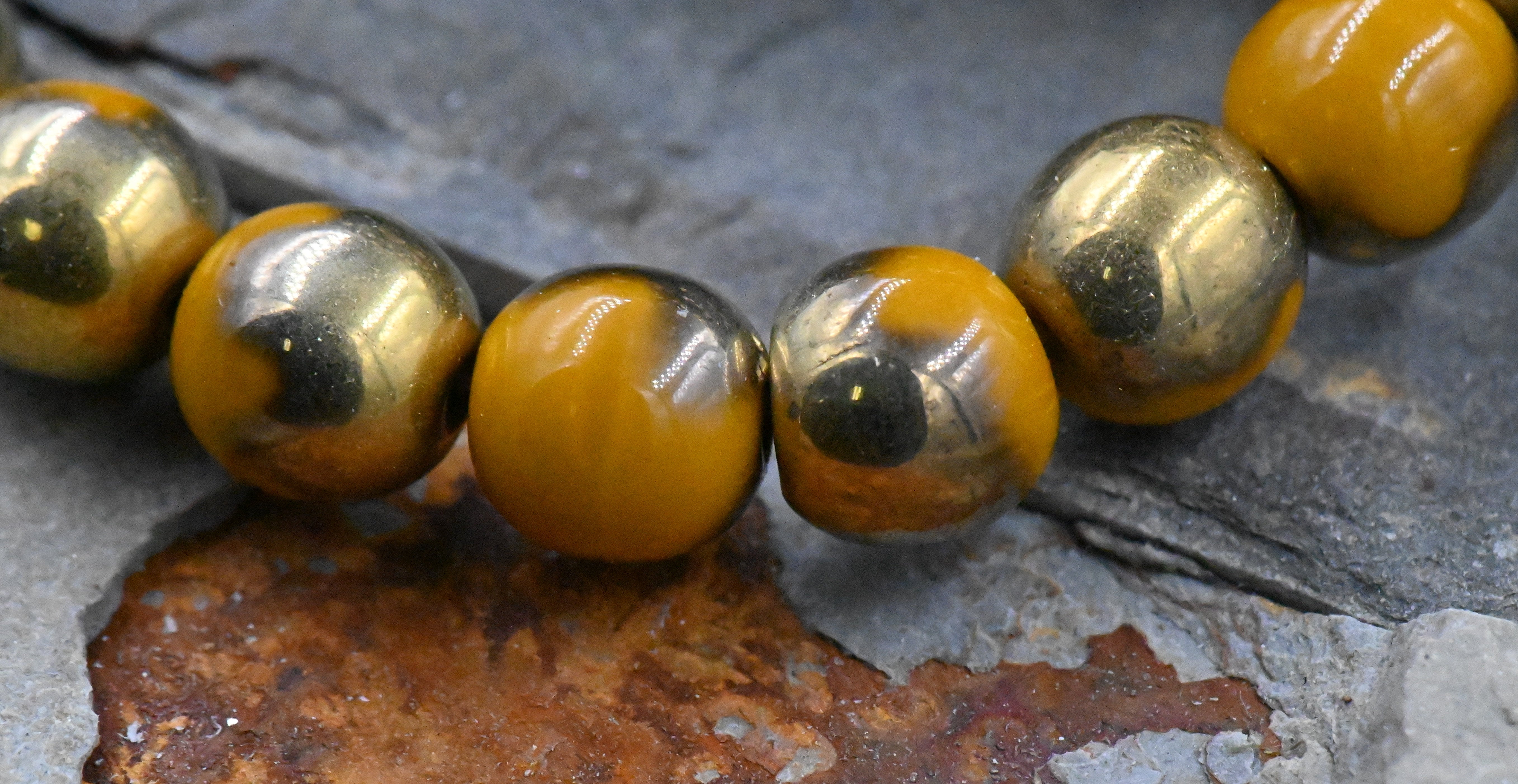 6mm Round 30pc Mustard Yellow with Gold Finish