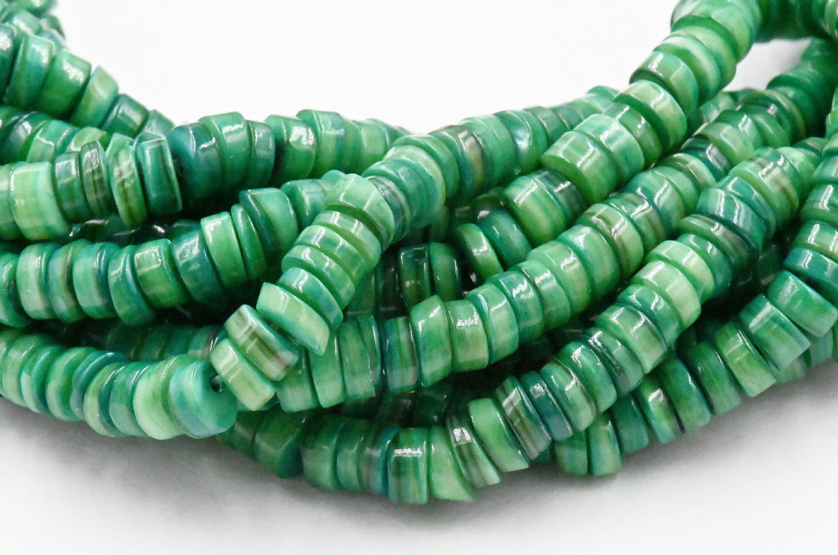 Natural Freshwater Shell Beads Strands, Dyed, Flat Round/Dics, Heishi Beads, Teal Green
