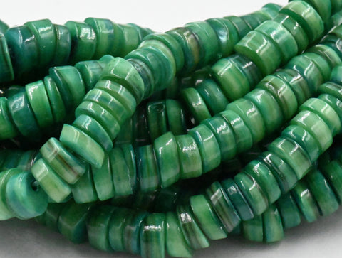Natural Freshwater Shell Beads Strands, Dyed, Flat Round/Dics, Heishi Beads, Teal Green