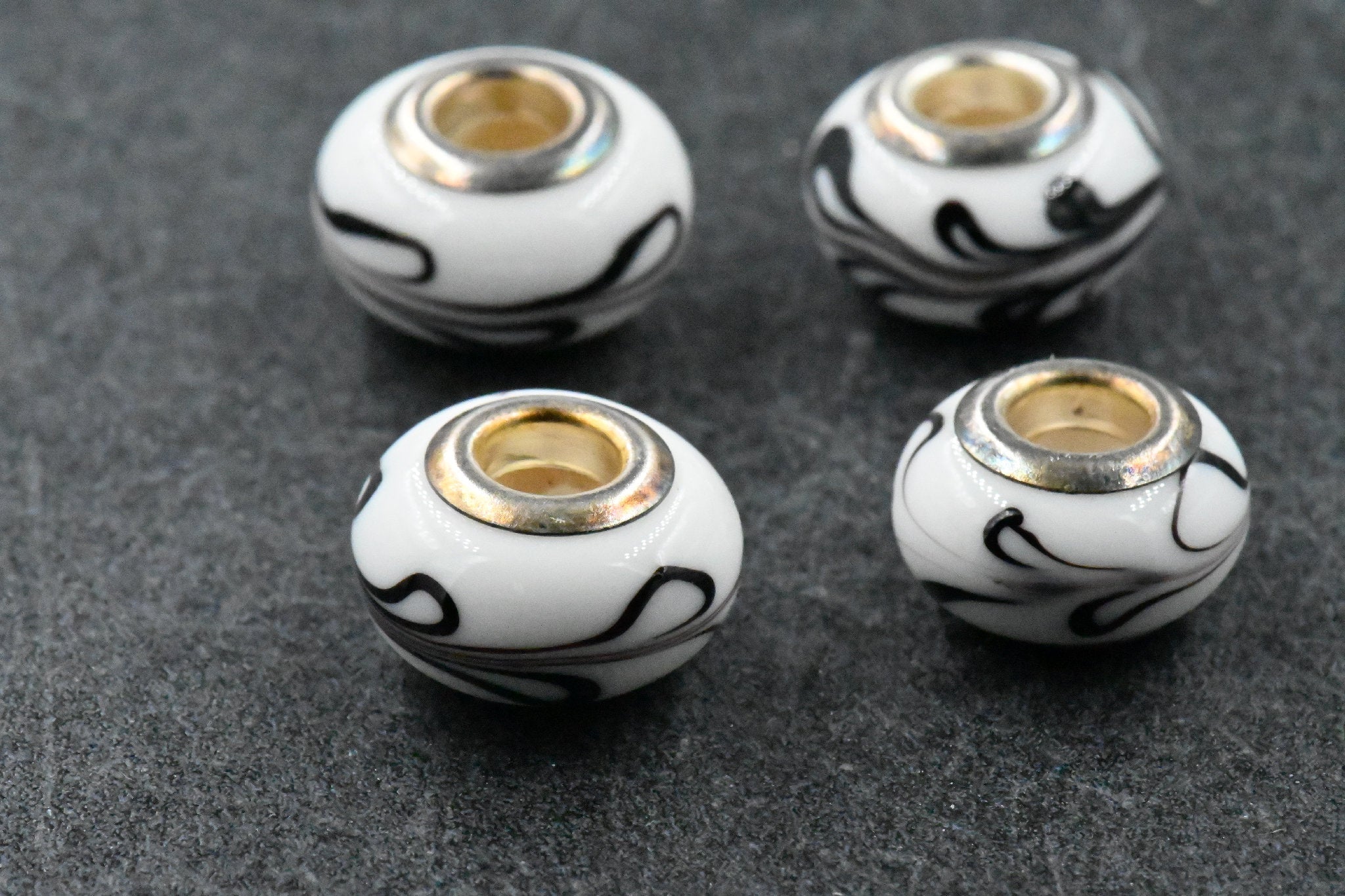 Black and White Lampwork Large Hole Rondelle 4pc European Beads