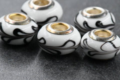 Black and White Lampwork Large Hole Rondelle 4pc European Beads