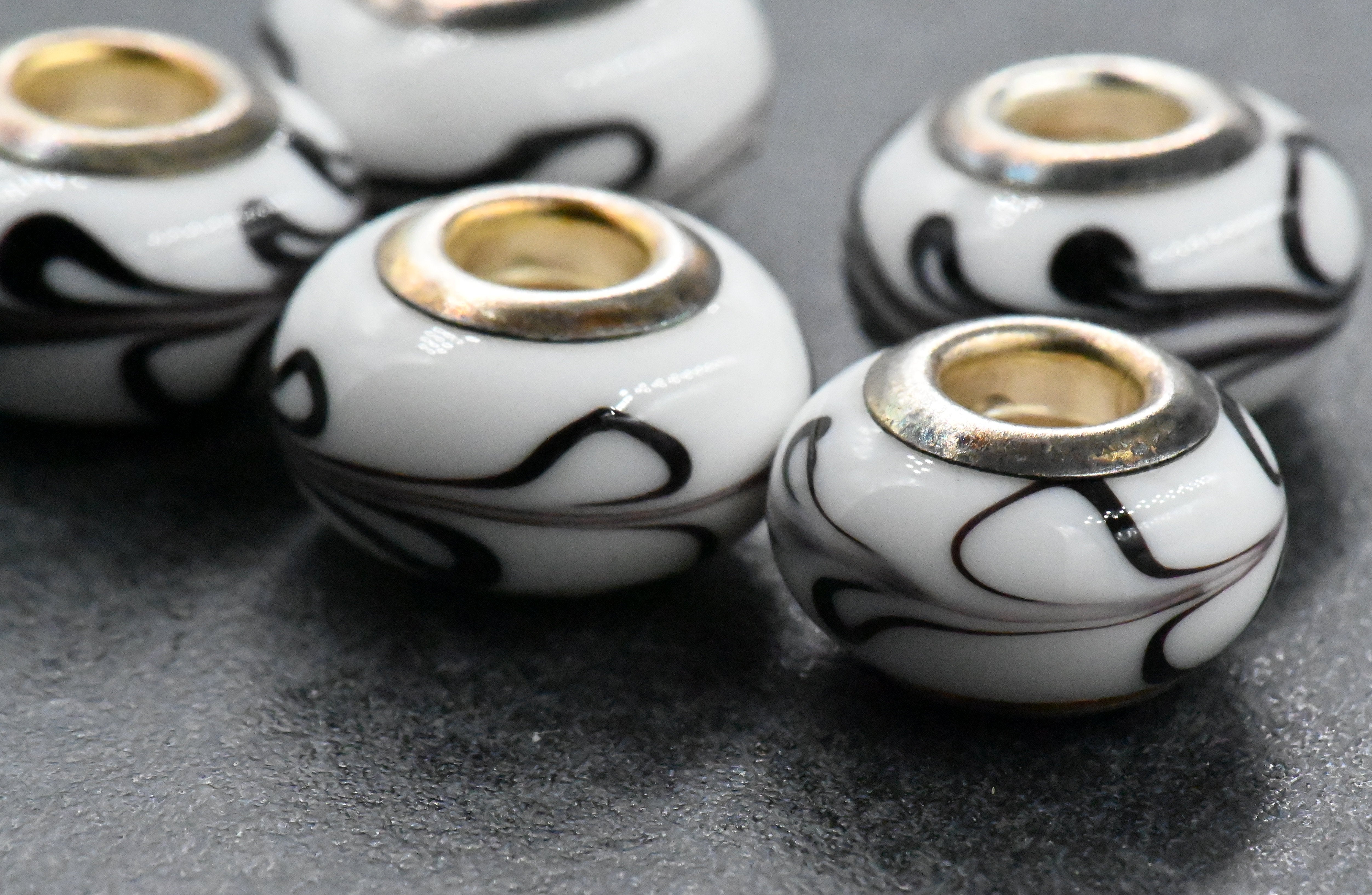 Black and White Lampwork Large Hole Rondelle 2pc European Beads