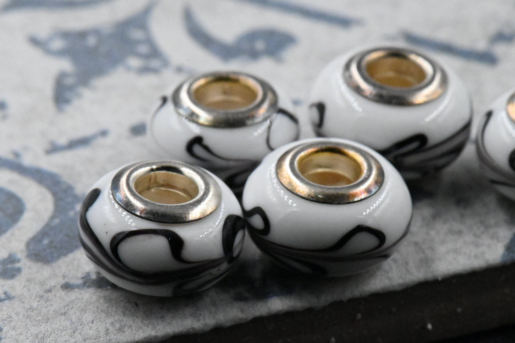 Black and White Lampwork Large Hole Rondelle 4pc European Beads