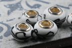 Black and White Lampwork Large Hole Rondelle 4pc European Beads