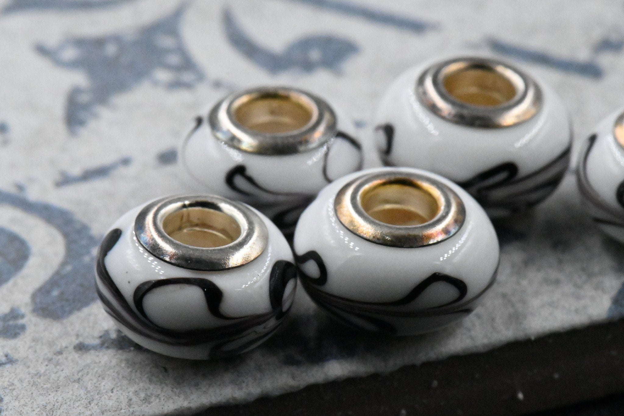 Black and White Lampwork Large Hole Rondelle 4pc European Beads