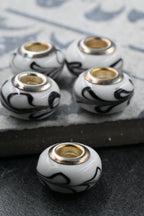 Black and White Lampwork Large Hole Rondelle 2pc European Beads