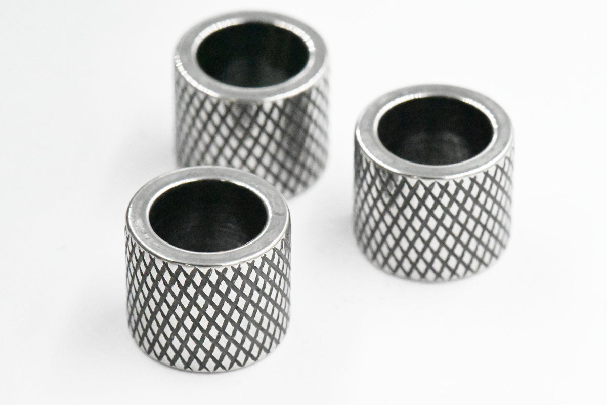 304 Stainless Steel Beads, 2pc 12mm Diagonal Line Column, Antique Silver Large Hole