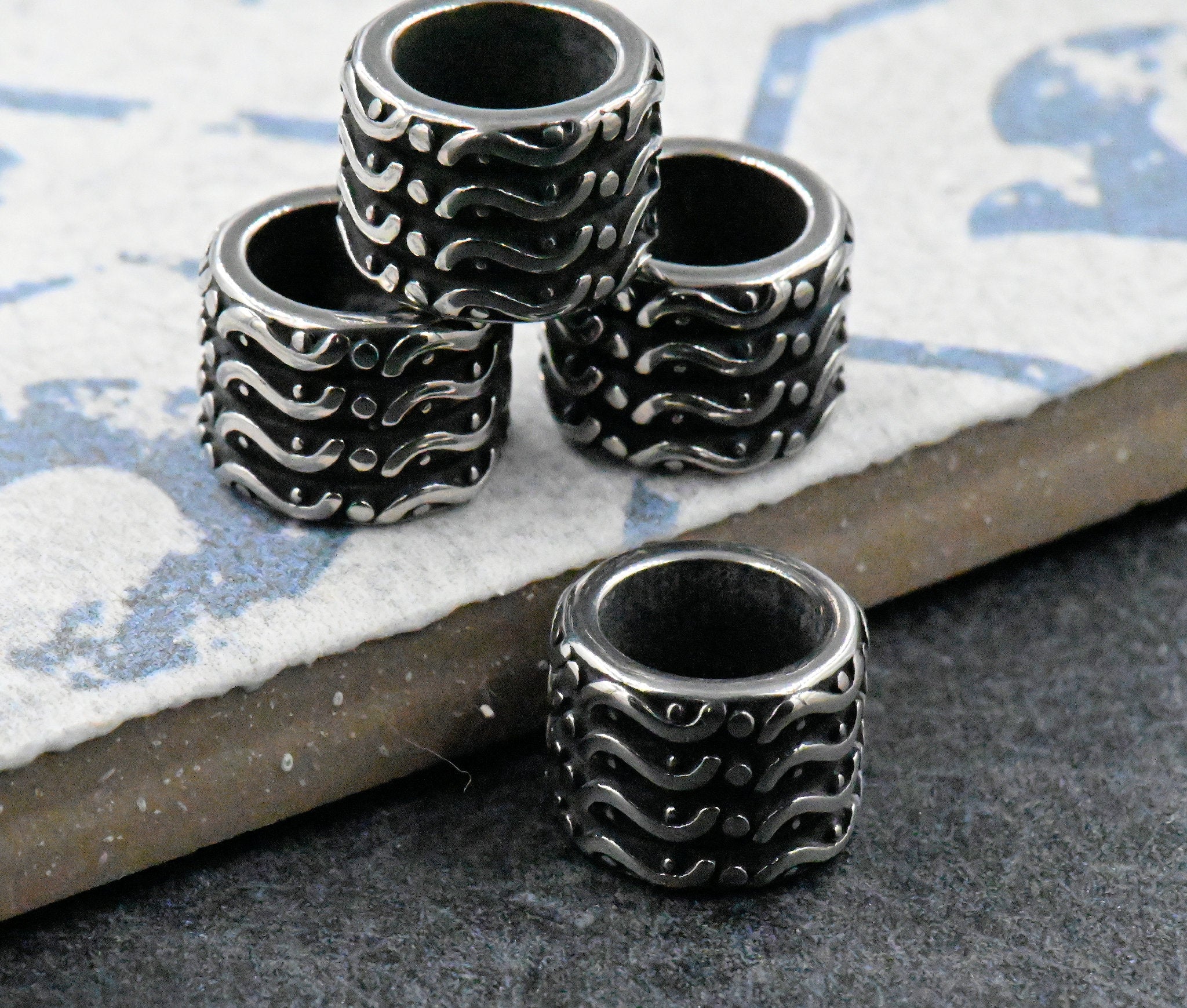 304 Stainless Steel Beads, 12mm Large Hole Beads, Column, Antique Silver