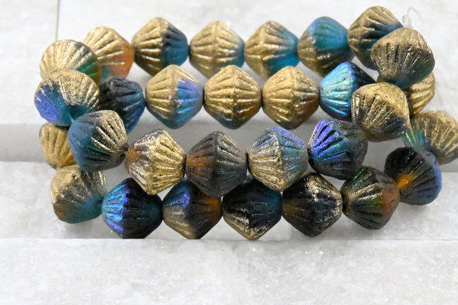 Fluted Bicone Gold Dark Gray Aqua AB Shimmer Hover Image