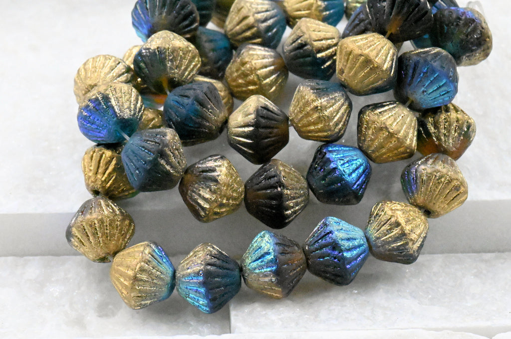 Fluted Bicone Gold Dark Gray Aqua AB Shimmer