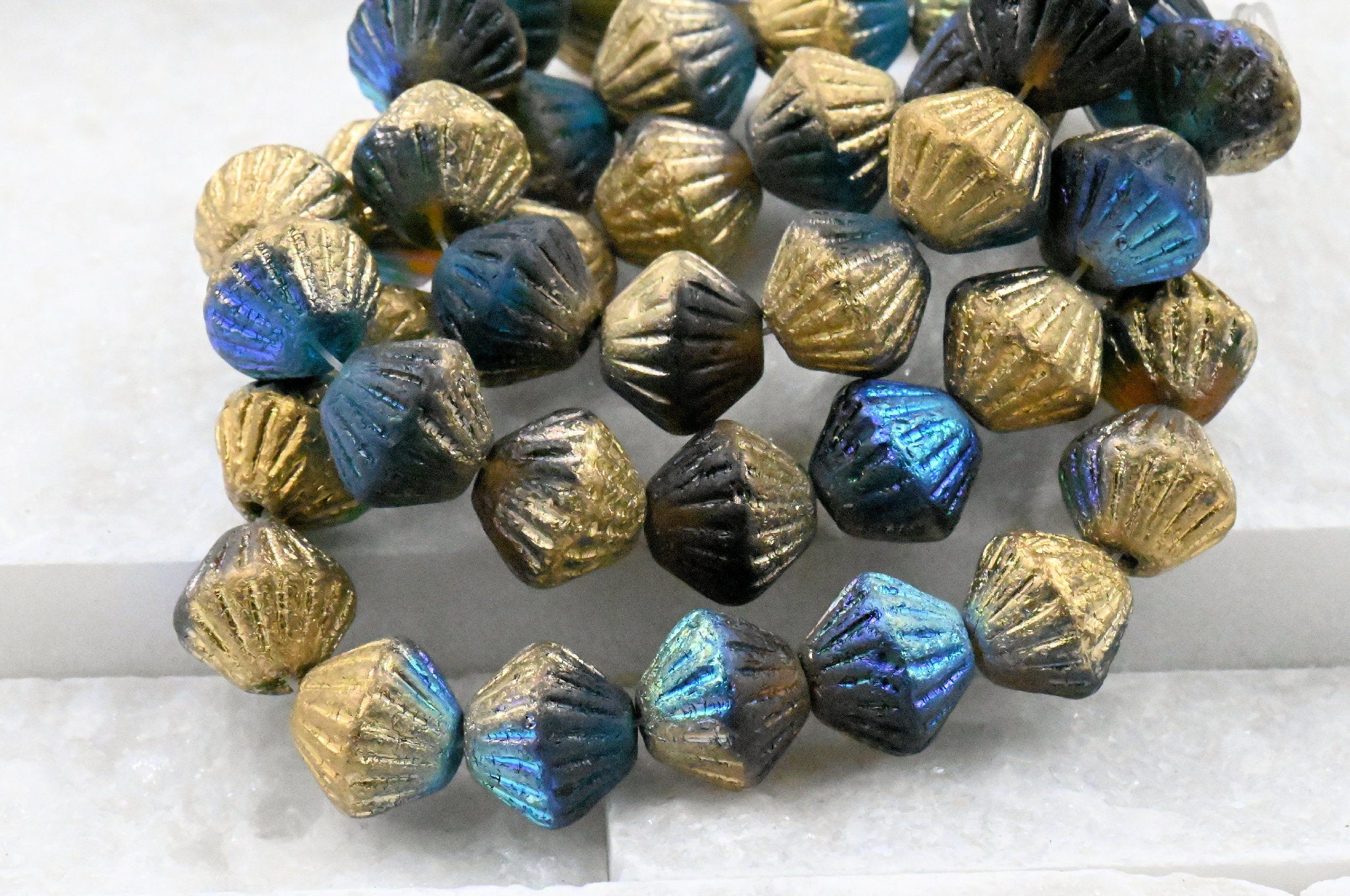 Fluted Bicone Gold Dark Gray Aqua AB Shimmer