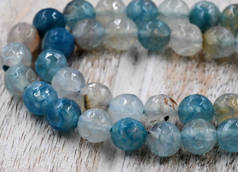 8mm Dragon Veins Agate FACETED Round Beads in Teal Blue -15 inch strand