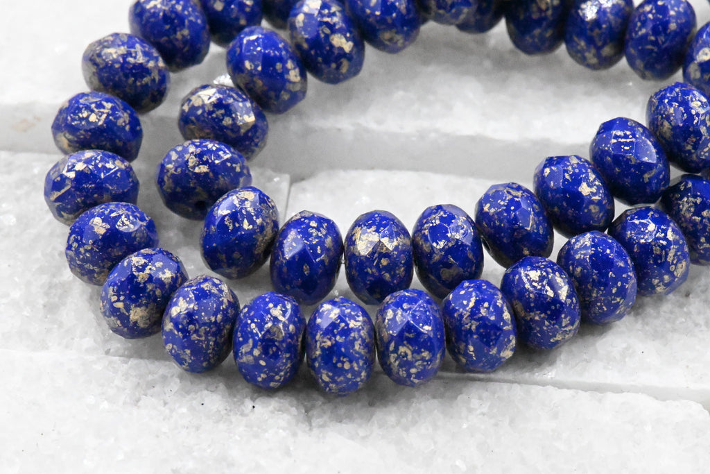 Galaxy Blue Rondelle Light Gold Finish Czech Rondelle 25pc 6x8mm Faceted