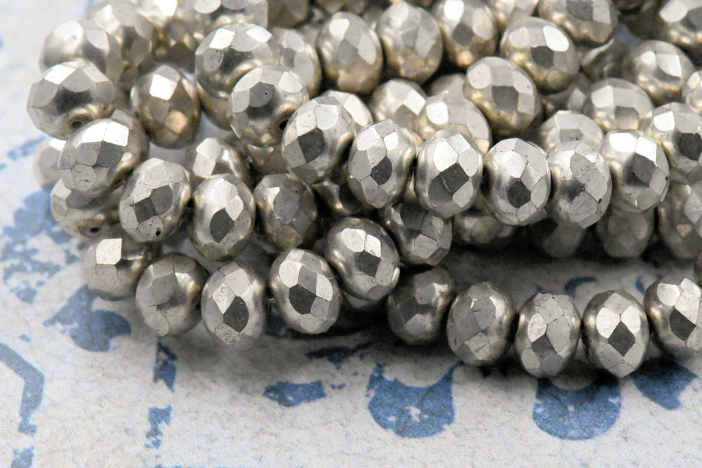 Antique Silver Rondelle Gray Metallic Finish 25pc 6x8mm Faceted