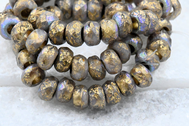 Thistle Purple Gold Wash & Etched, AB Finish Rondelle Large 3mm Hole 25pc 6x9mm Faceted Hover Image