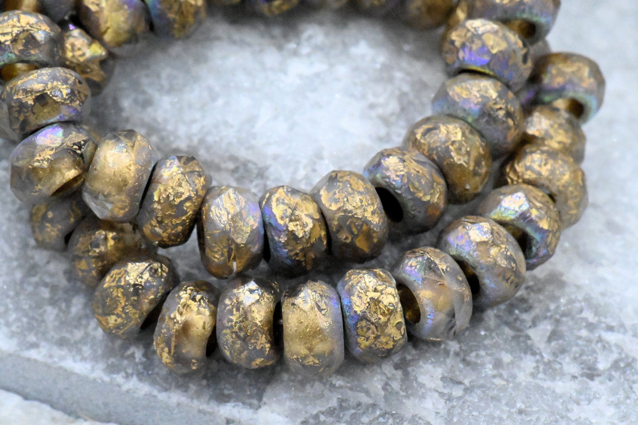 Thistle Purple Gold Wash & Etched, AB Finish Rondelle Large 3mm Hole 25pc 6x9mm Faceted