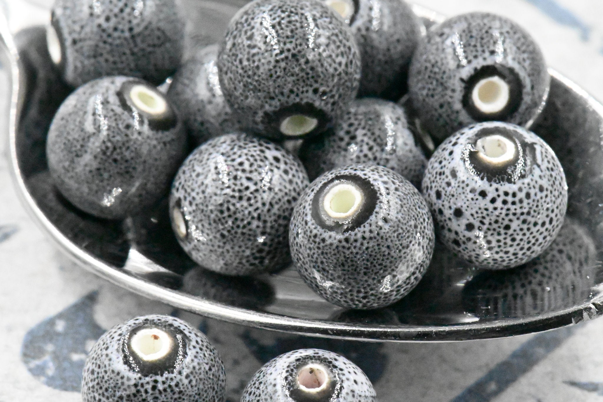 Gray Glazed Porcelain, Bohemian look 10mm round bead -25