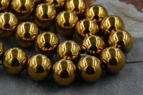 Antique Gold Hematite 4mm, 6mm, 8mm, 10mm, 12mm Round Beads -Full Strand