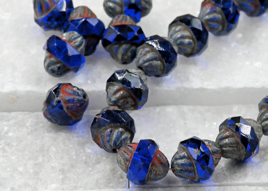 20pc Czech Glass Beads - Picasso Beads - Turbine Beads - Fire Polished Beads - Sapphire Blue - 11x10mm