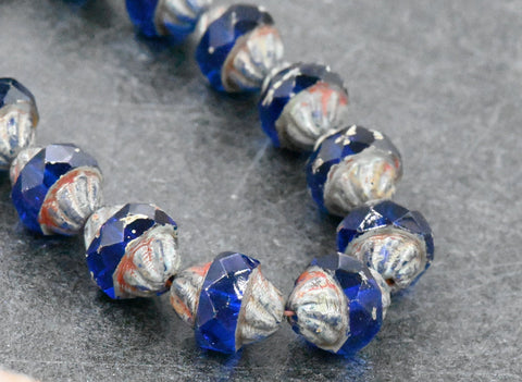20pc Czech Glass Beads - Picasso Beads - Turbine Beads - Fire Polished Beads - Sapphire Blue - 11x10mm