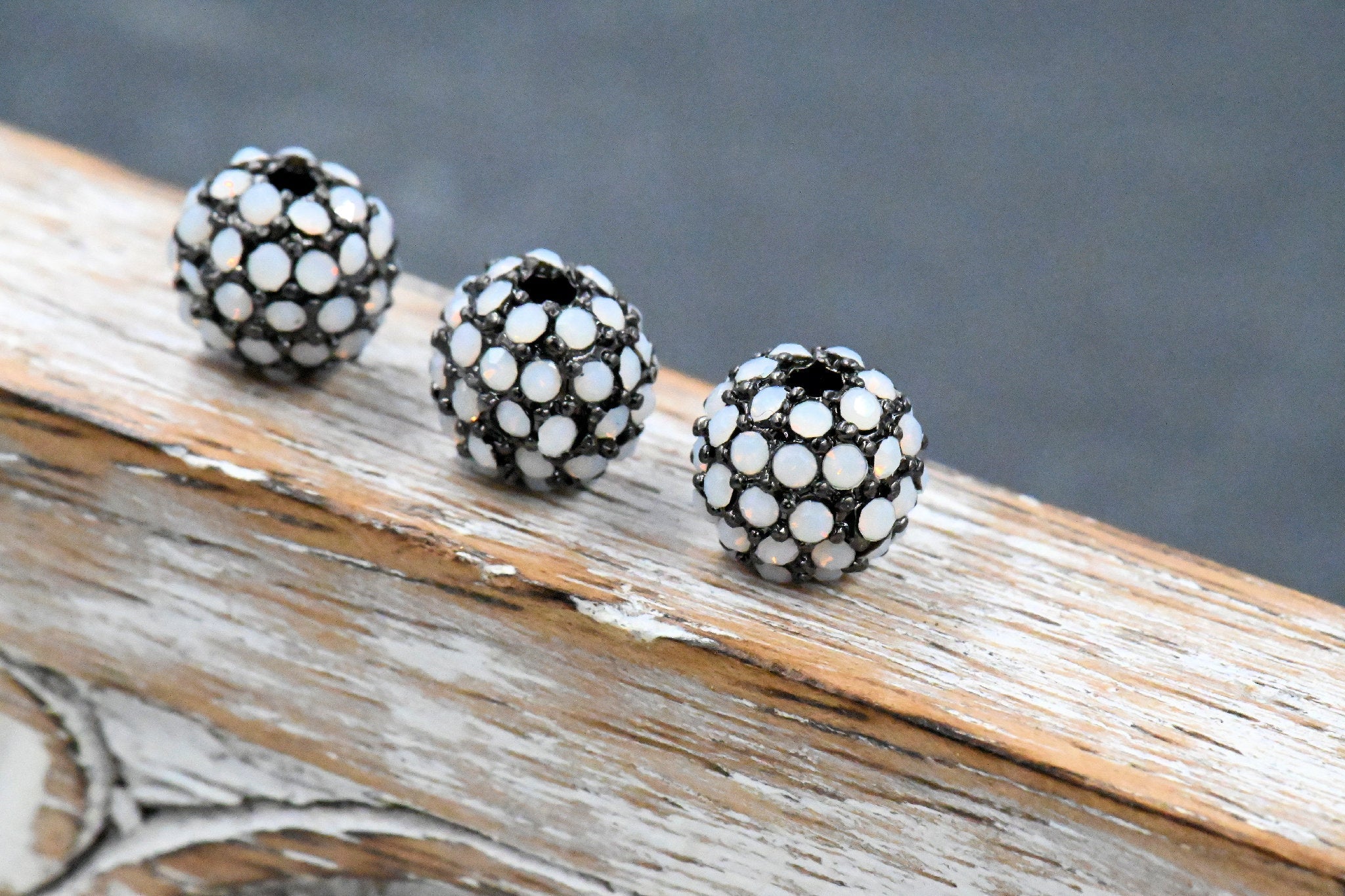 White Opal Micro Pave Cubic Zirconia Beads, 2pc Gunmetal 8mm