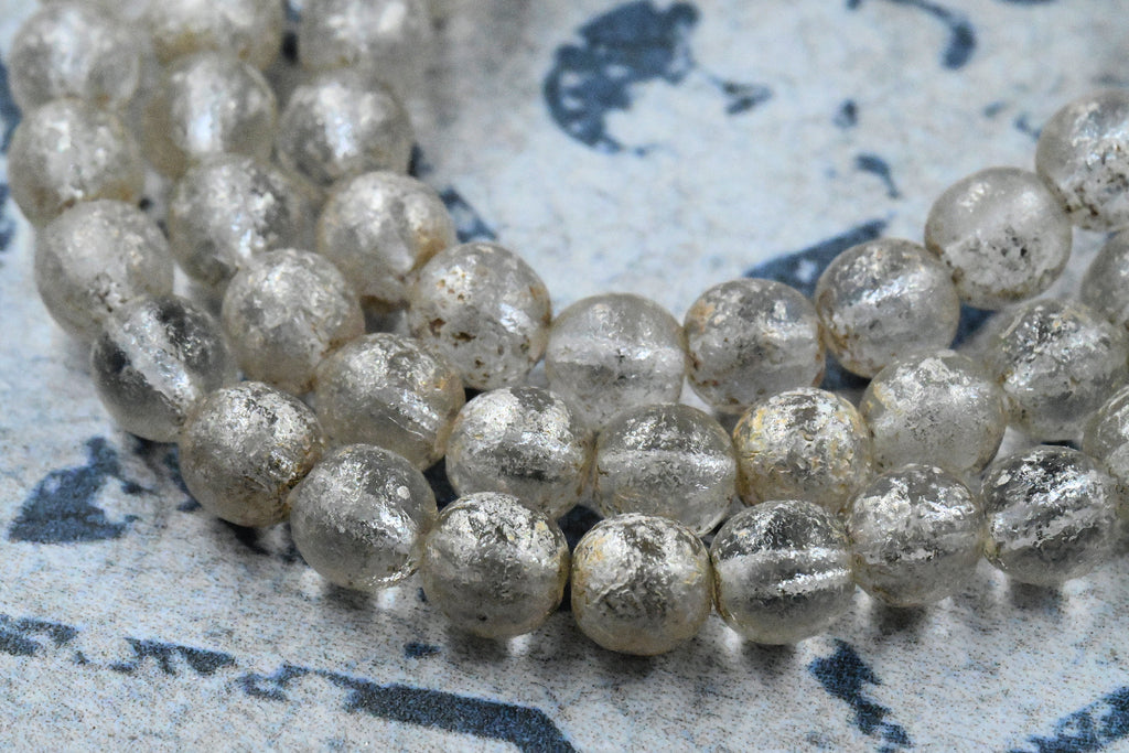 6mm Round Druk, 30pc Transparent Glass with a Mercury and an Etched Finish