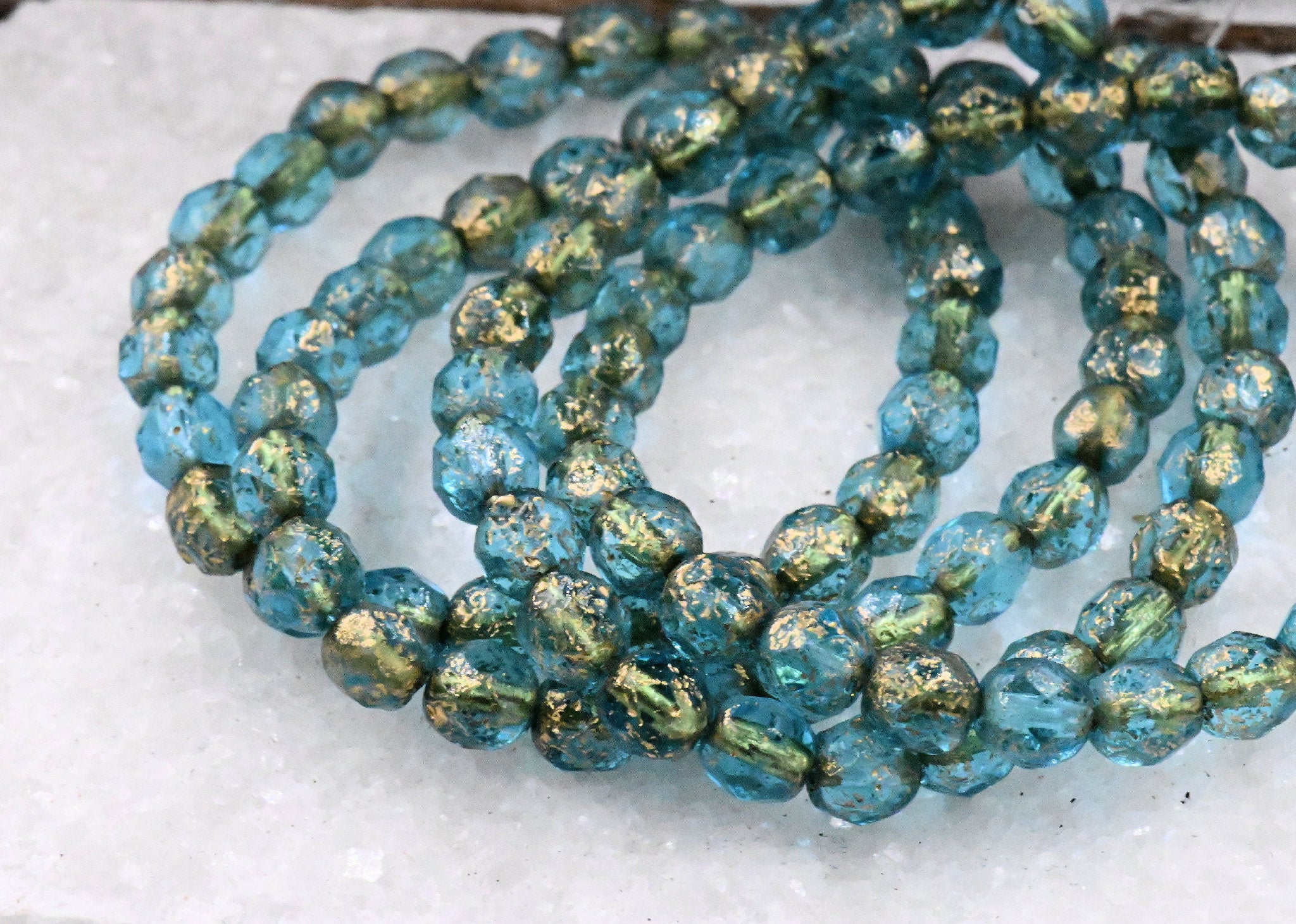 Aqua Blue Etched 6mm Faceted Czech, Gold Wash Finish