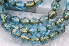 Aqua Blue Etched 6mm Faceted Czech, Gold Wash Finish