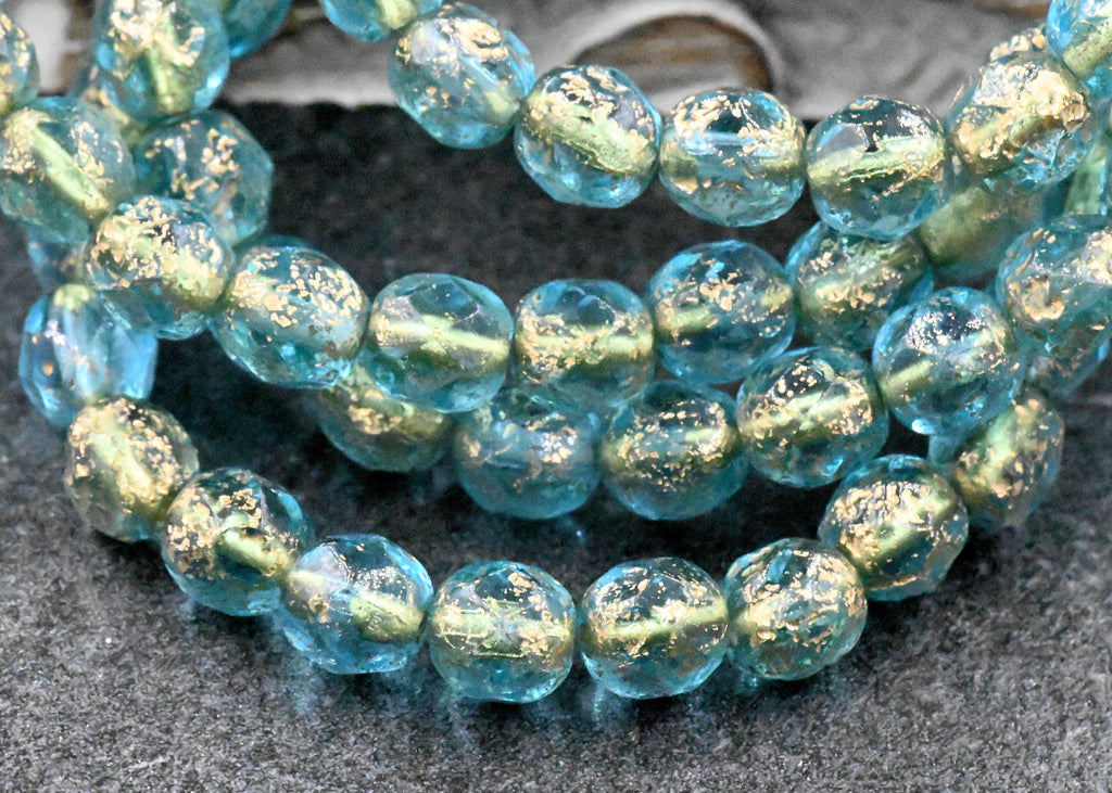 Aqua Blue Etched 6mm Faceted Czech, Gold Wash Finish
